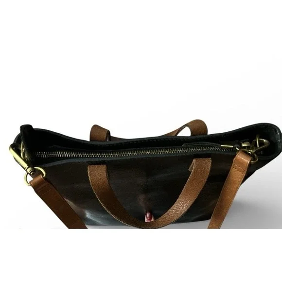 Madewell Black Tan Leather Zip Top Transit Tote Crossbody Top Handle Bag - Picture 4 of 10